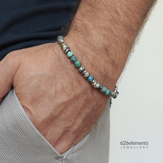 Veined Turquoise & Oxidised Sterling Silver Beaded Bracelet