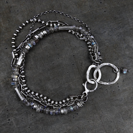 Labradorite Sterling Silver Multi Chain & Hammered Circles Bracelet
