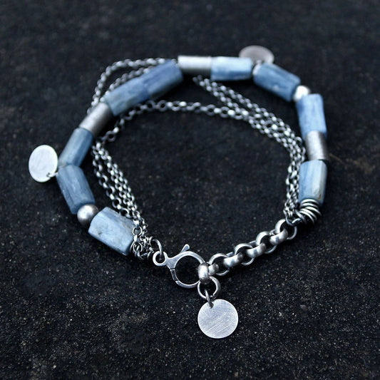 Blue Kyanite Multi Chain & Disc 925 Silver Bracelet