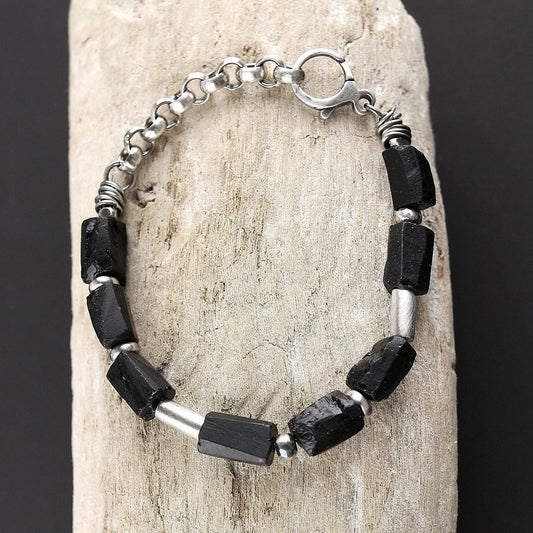 Black Raw Tourmaline & Oxidised 925 Silver Bracelet