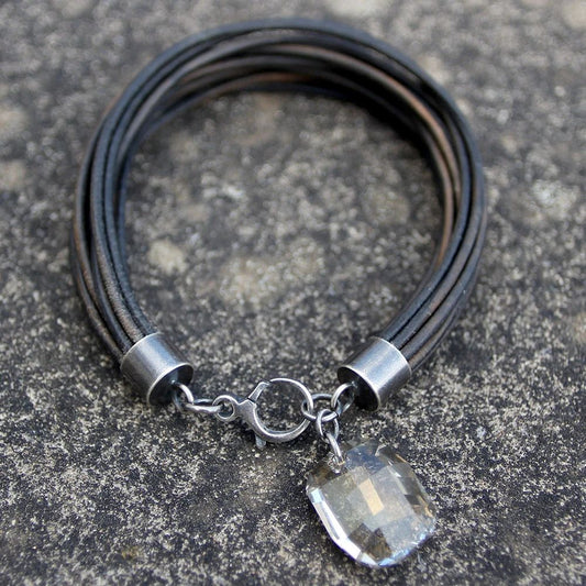 Swarovski Crystal Dark Leather & 925 Silver Bracelet