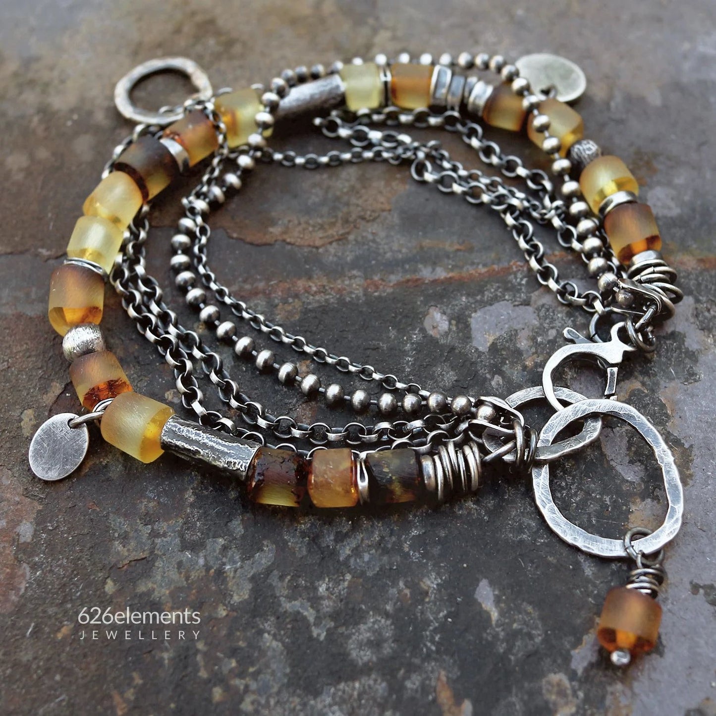 Bright Amber Multi Chain & Hammered Circles 925 Silver Bracelet