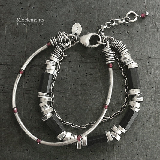 Black Tourmaline, Red Garnet & 925 Silver Multi-Layered Bracelet