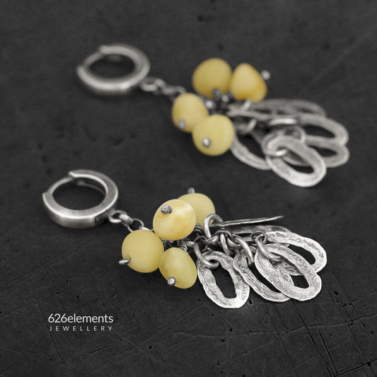 Natural Yellow Baltic Amber & Oxidised 925 Silver Dangle Earrings