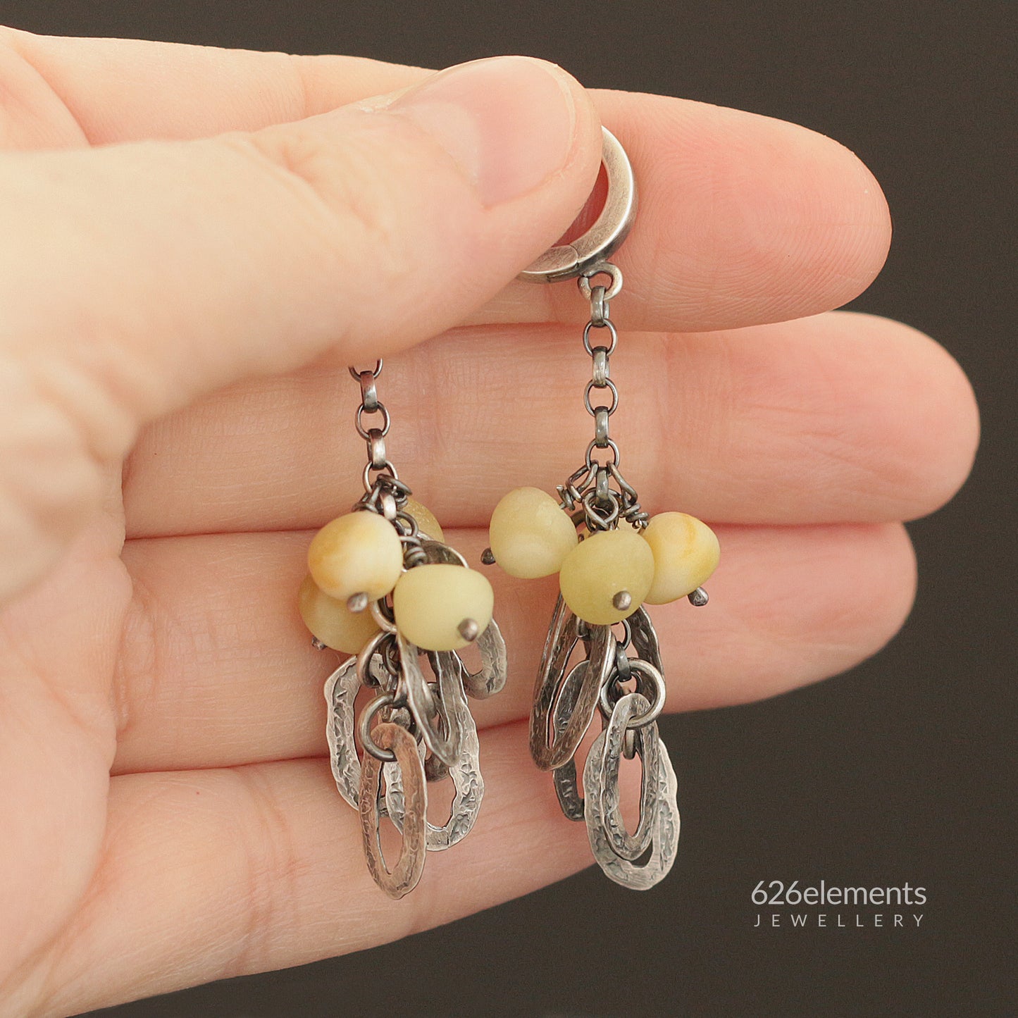 Natural Yellow Baltic Amber & Oxidised 925 Silver Dangle Earrings