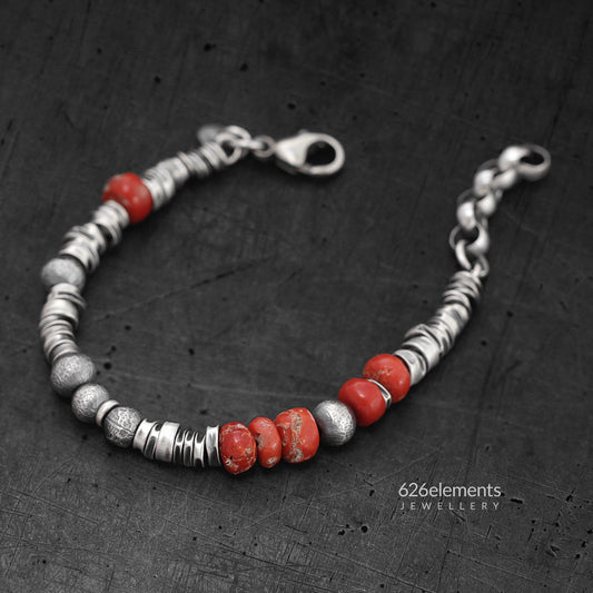 Men's Red Coral and Sterling Silver Bracelet