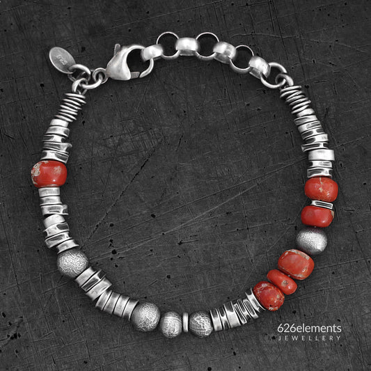 Men's Red Coral and Sterling Silver Bracelet