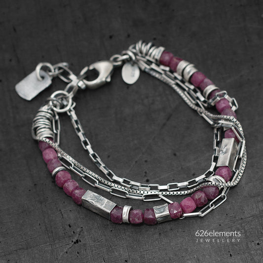 Pink Ruby & Oxidised Sterling Silver Bracelet