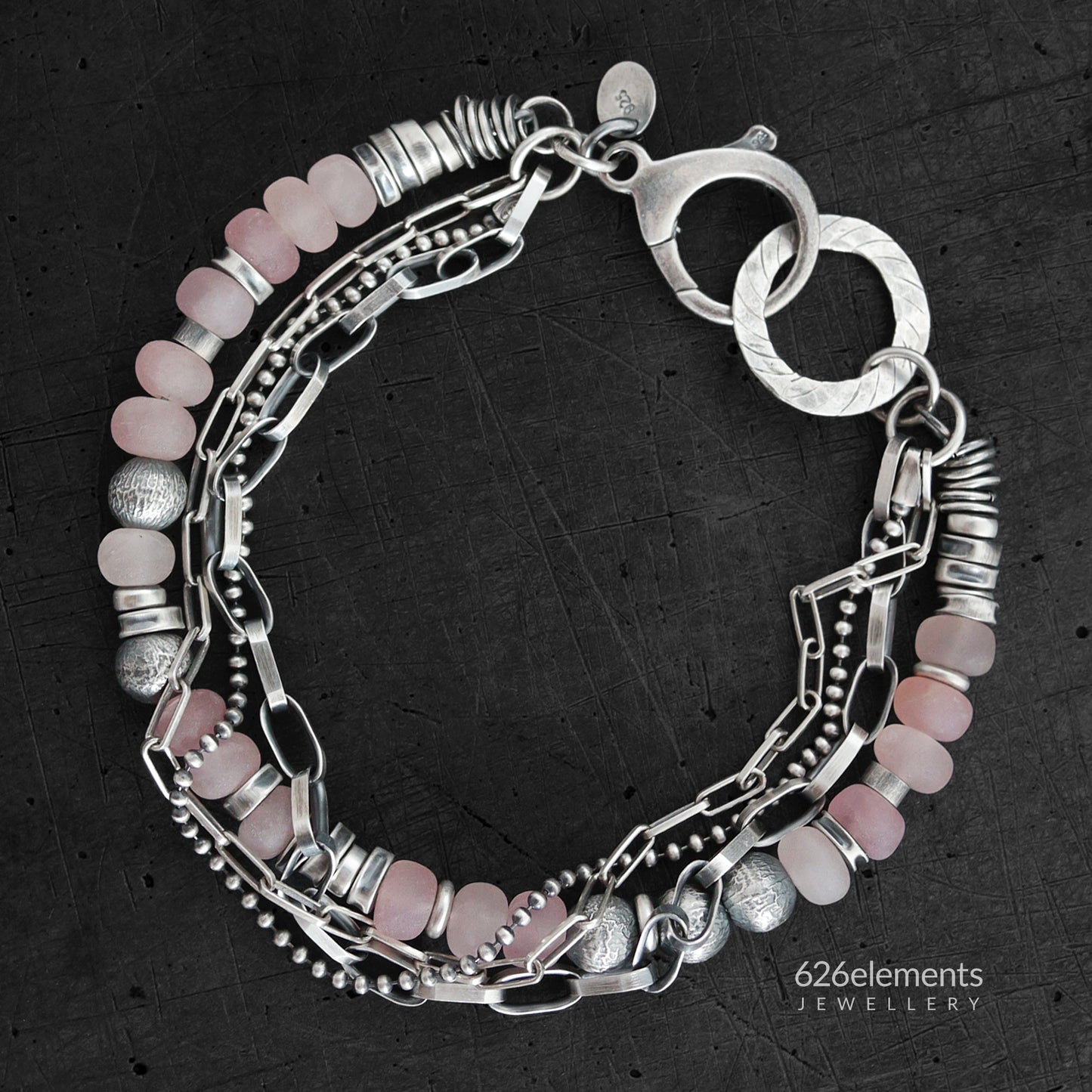 Dusky Pink Rose Quartz & Oxidised 925 Silver Bracelet