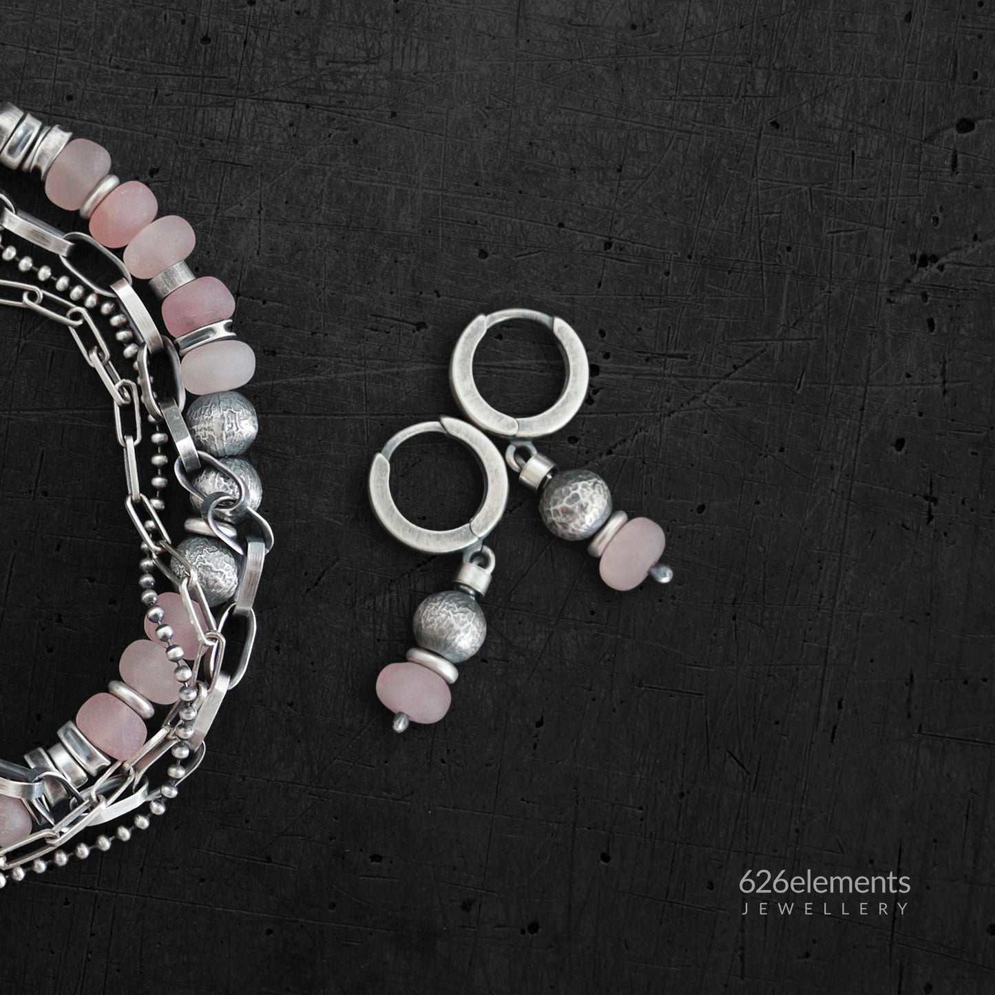 Dusky Pink Rose Quartz & Oxidised 925 Silver Earrings