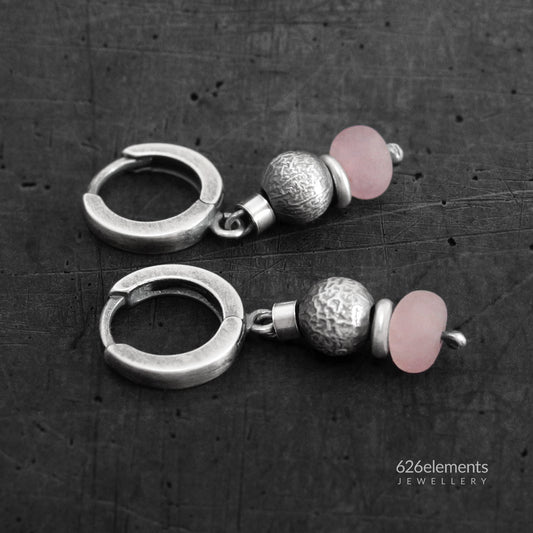 Dusky Pink Rose Quartz & Oxidised 925 Silver Earrings