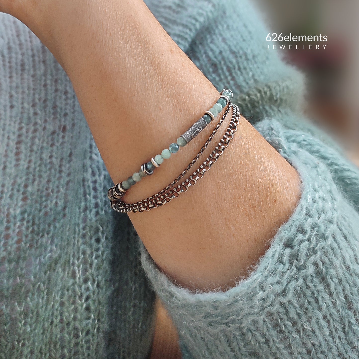 Dusky Green & Pale Blue Kyanite and Oxidised 925 Silver Bracelet