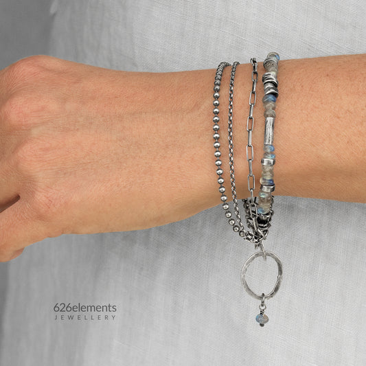 Labradorite Sterling Silver Multi Chain & Hammered Circles Bracelet