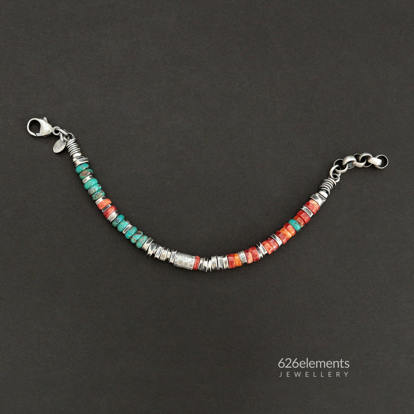 Red Spiny Oyster, Green Turquoise & Oxidised Sterling Silver Bracelet