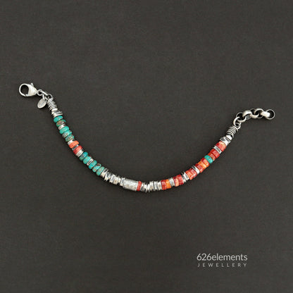 Red Spiny Oyster, Green Turquoise & Oxidised Sterling Silver Bracelet