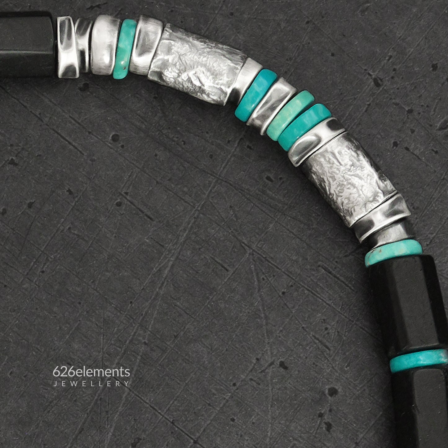 Black Tourmaline, Turquoise & Oxidised Sterling Silver Men's Bracelet