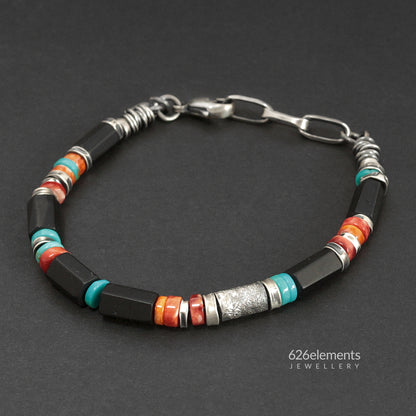 Tourmaline, Spiny Oyster, Turquoise & Oxidised 925 Silver Men's Bracelet