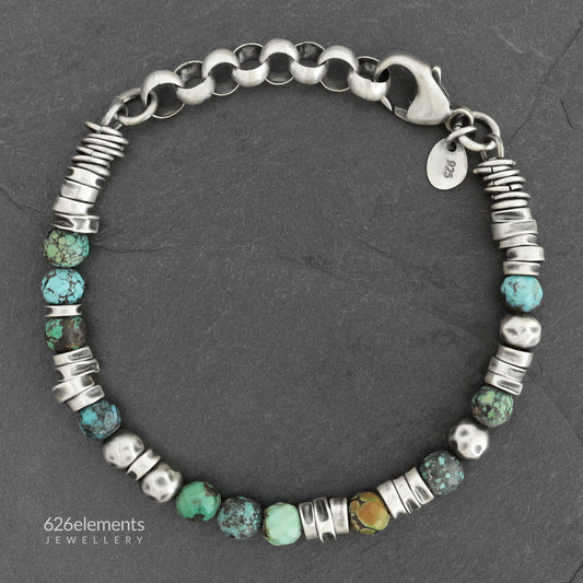 Veined Turquoise & Oxidised Sterling Silver Beaded Bracelet