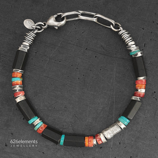 Tourmaline, Spiny Oyster, Turquoise & Oxidised 925 Silver Men's Bracelet