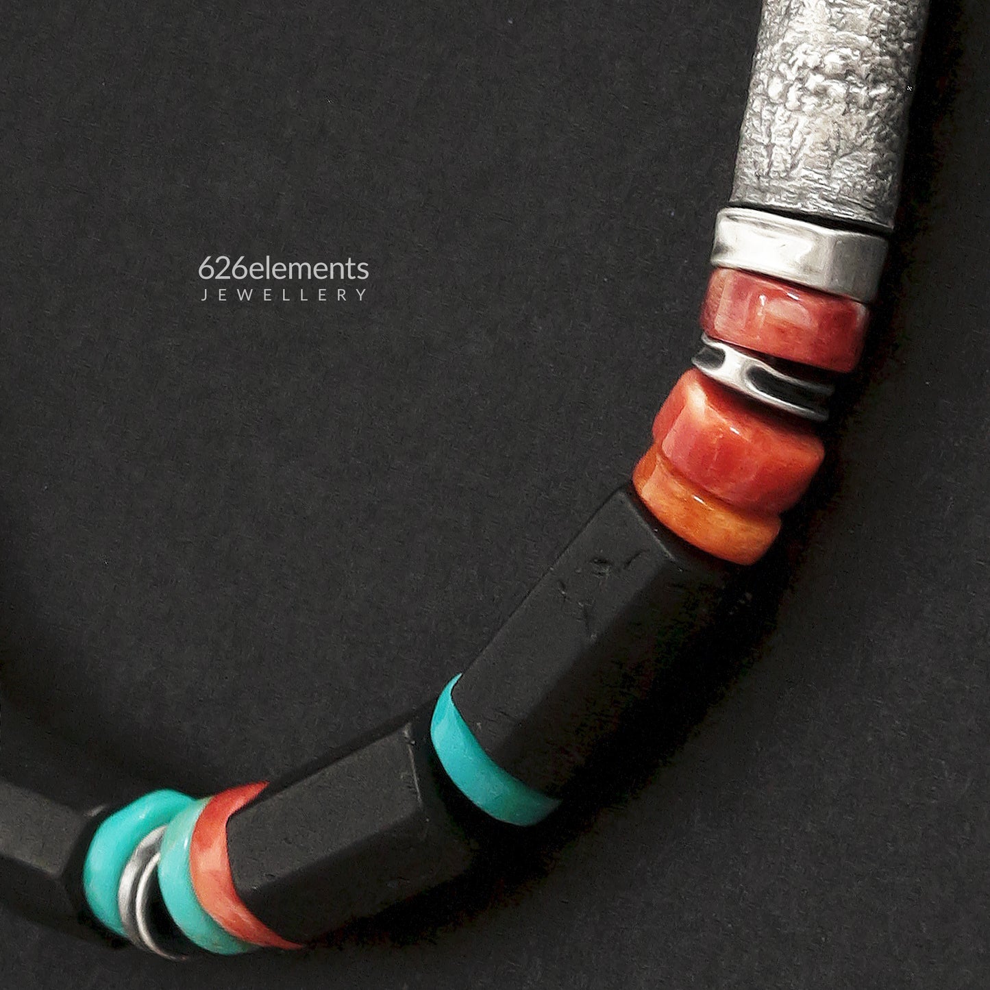 Tourmaline, Spiny Oyster, Turquoise & Oxidised 925 Silver Men's Bracelet