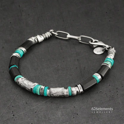Black Tourmaline, Turquoise & Oxidised Sterling Silver Men's Bracelet