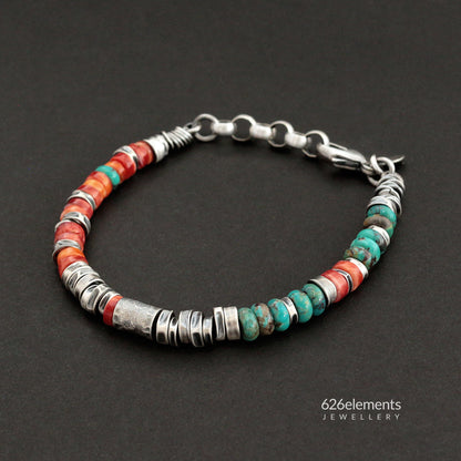 Red Spiny Oyster, Green Turquoise & Oxidised Sterling Silver Bracelet