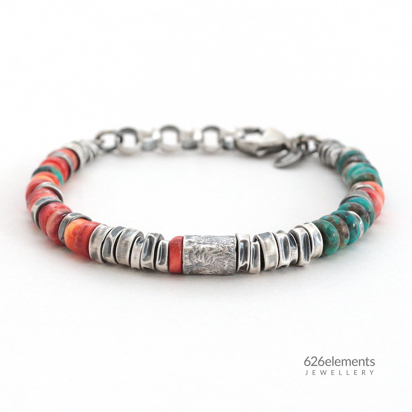 Red Spiny Oyster, Green Turquoise & Oxidised Sterling Silver Bracelet