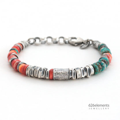 Red Spiny Oyster, Green Turquoise & Oxidised Sterling Silver Bracelet