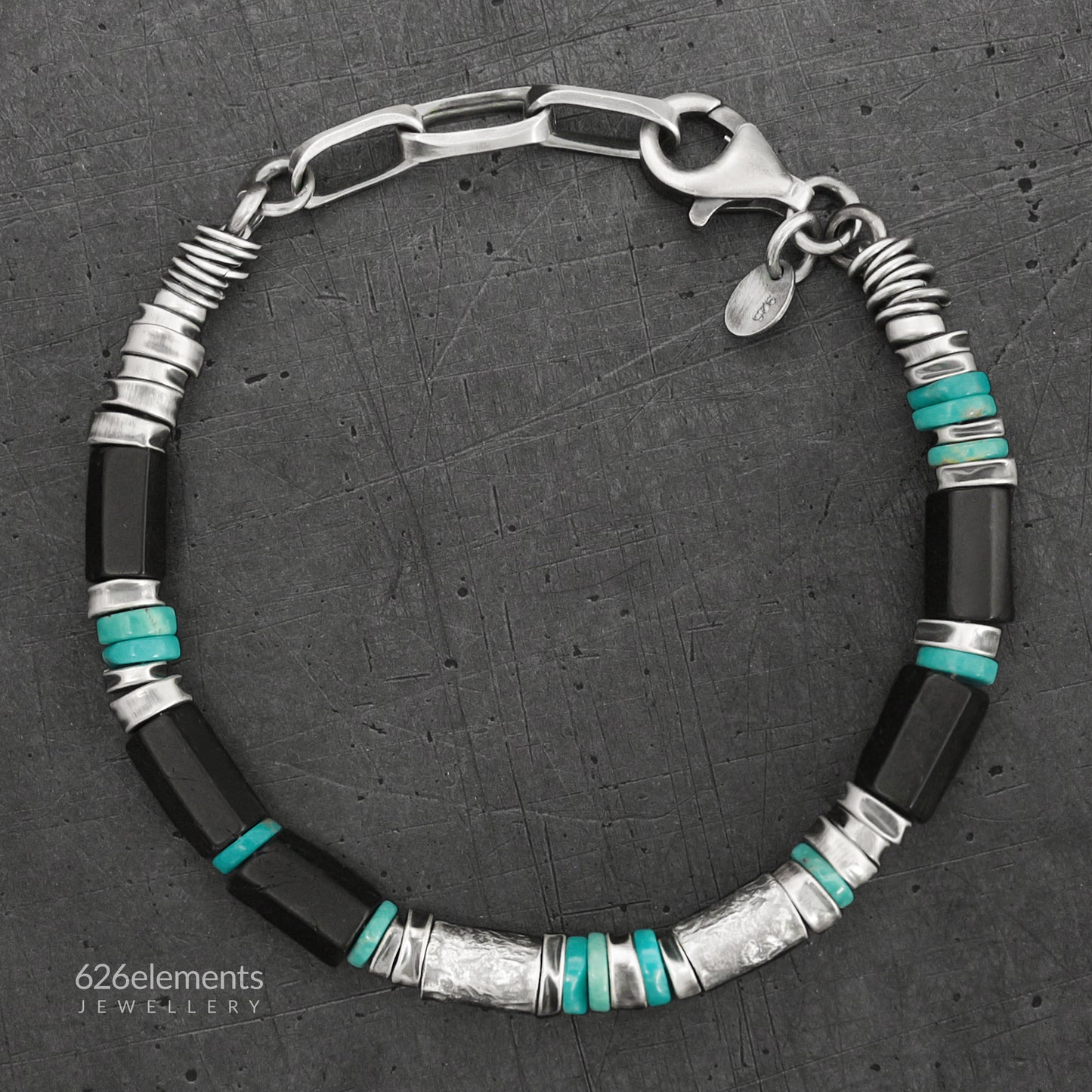Black Tourmaline, Turquoise & Oxidised Sterling Silver Men's Bracelet