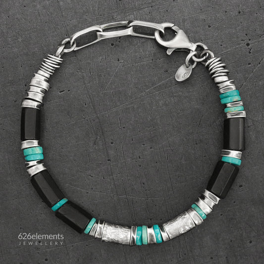 Black Tourmaline, Turquoise & Oxidised Sterling Silver Men's Bracelet