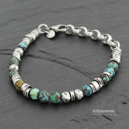 Veined Turquoise & Oxidised Sterling Silver Beaded Bracelet