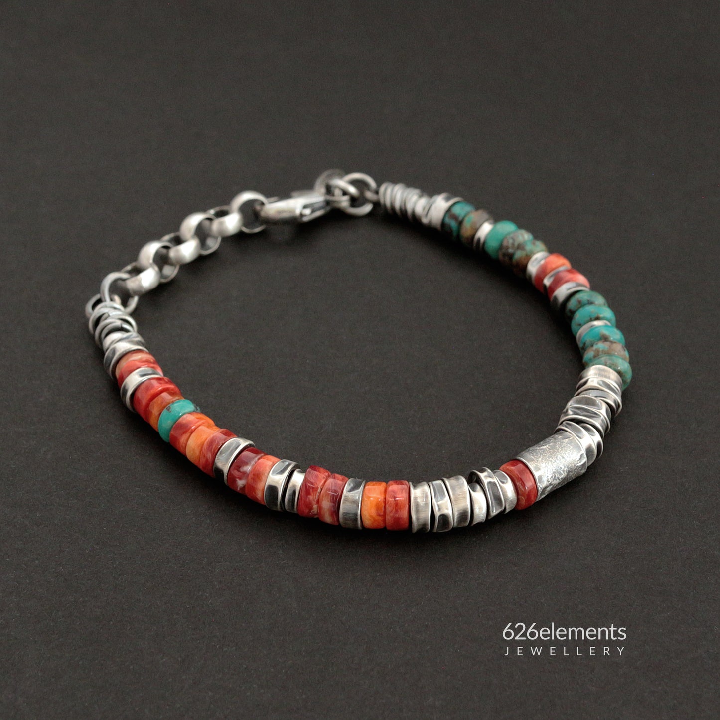 Red Spiny Oyster, Green Turquoise & Oxidised Sterling Silver Bracelet