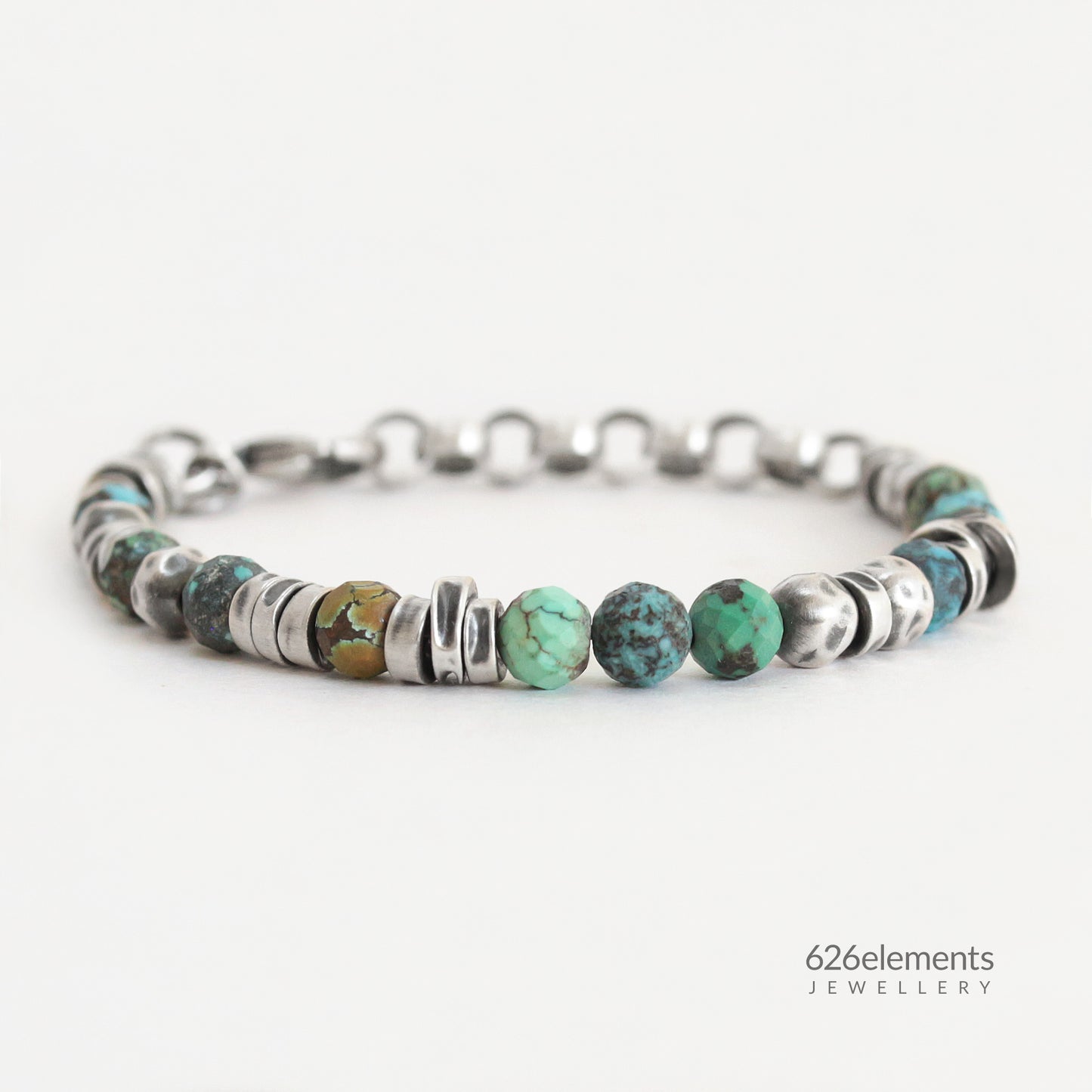 Veined Turquoise & Oxidised Sterling Silver Beaded Bracelet