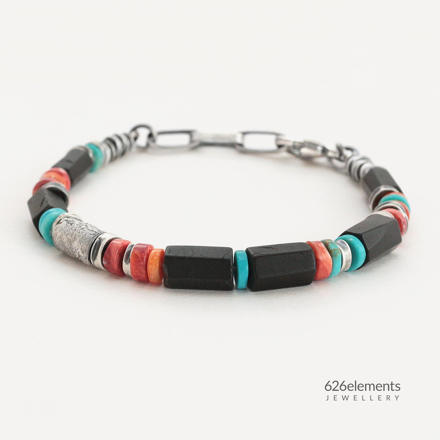 Tourmaline, Spiny Oyster, Turquoise & Oxidised 925 Silver Men's Bracelet