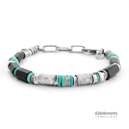 Black Tourmaline, Turquoise & Oxidised Sterling Silver Men's Bracelet