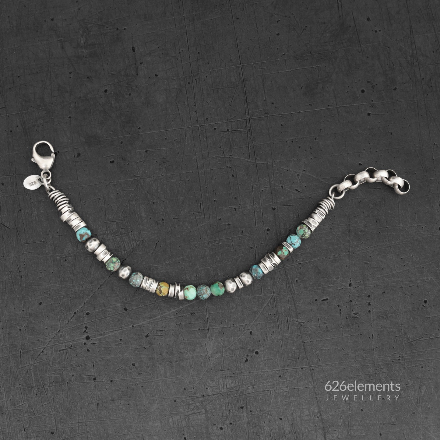 Veined Turquoise & Oxidised Sterling Silver Beaded Bracelet