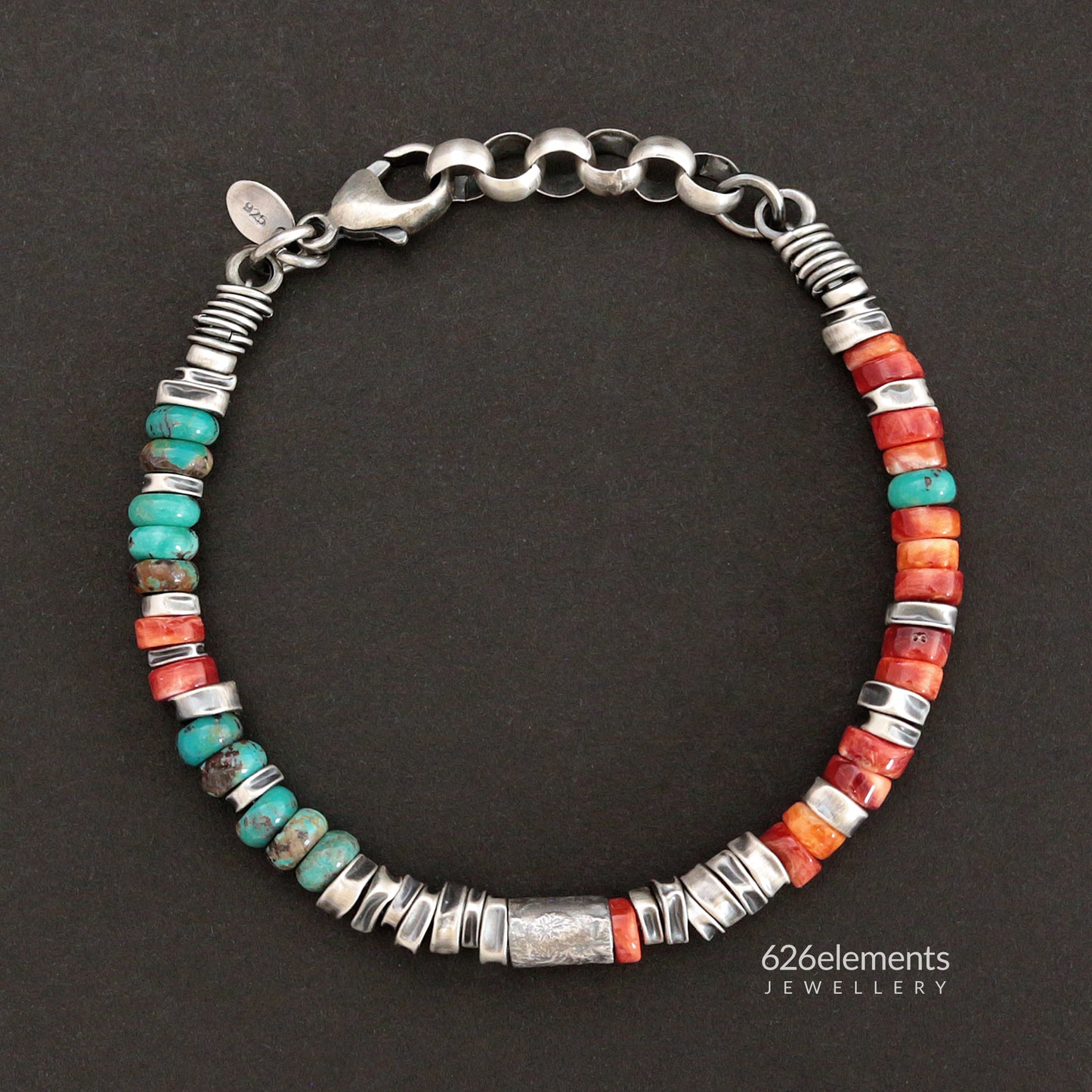 Red Spiny Oyster, Green Turquoise & Oxidised Sterling Silver Bracelet