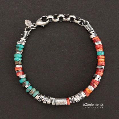 Red Spiny Oyster, Green Turquoise & Oxidised Sterling Silver Bracelet