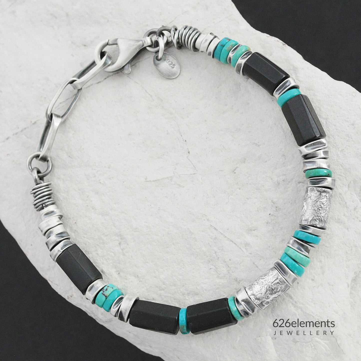 Black Tourmaline, Turquoise & Oxidised Sterling Silver Men's Bracelet