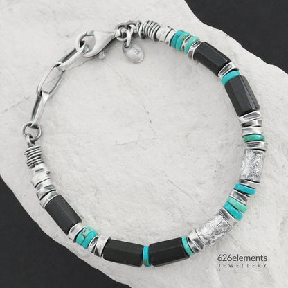 Black Tourmaline, Turquoise & Oxidised Sterling Silver Men's Bracelet
