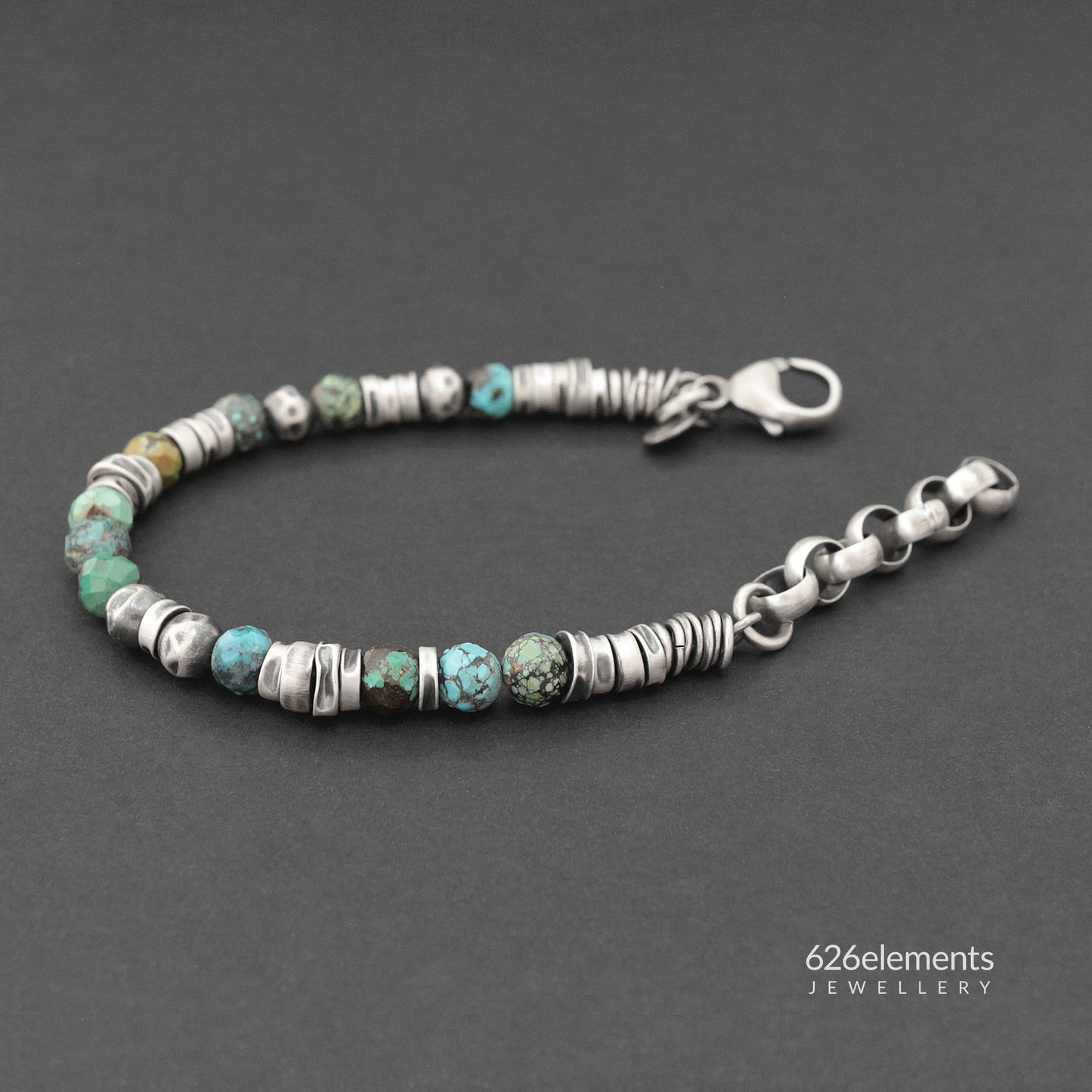 Veined Turquoise & Oxidised Sterling Silver Beaded Bracelet