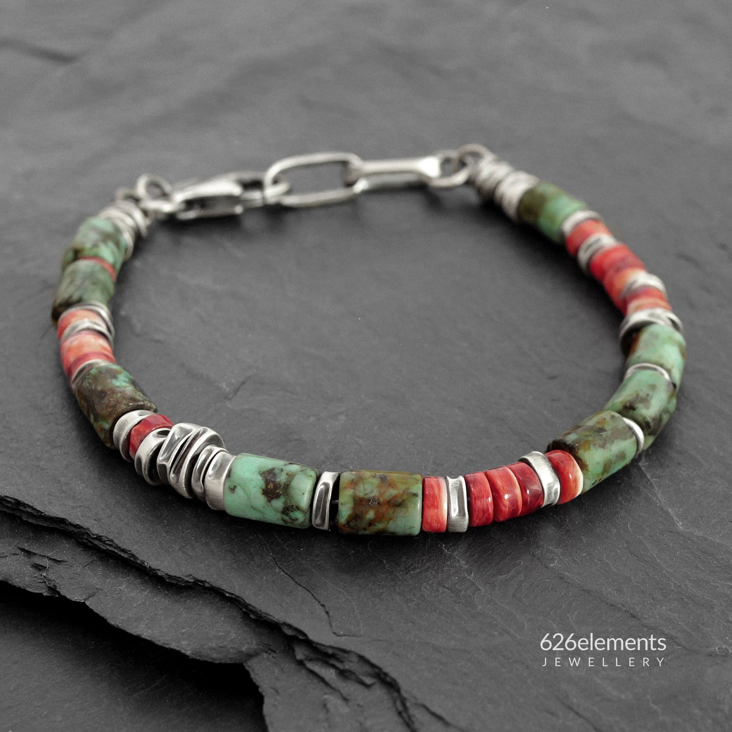 African Turquoise, Spiny Oyster & Oxidised Sterling Silver Men's Bracelet