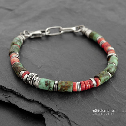 African Turquoise, Spiny Oyster & Oxidised Sterling Silver Men's Bracelet