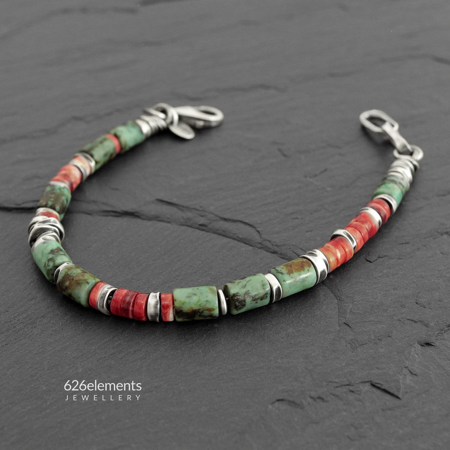 African Turquoise, Spiny Oyster & Oxidised Sterling Silver Men's Bracelet