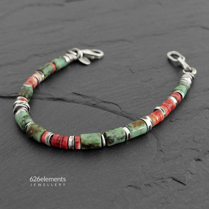 African Turquoise, Spiny Oyster & Oxidised Sterling Silver Men's Bracelet