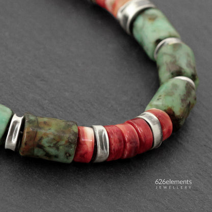 African Turquoise, Spiny Oyster & Oxidised Sterling Silver Men's Bracelet