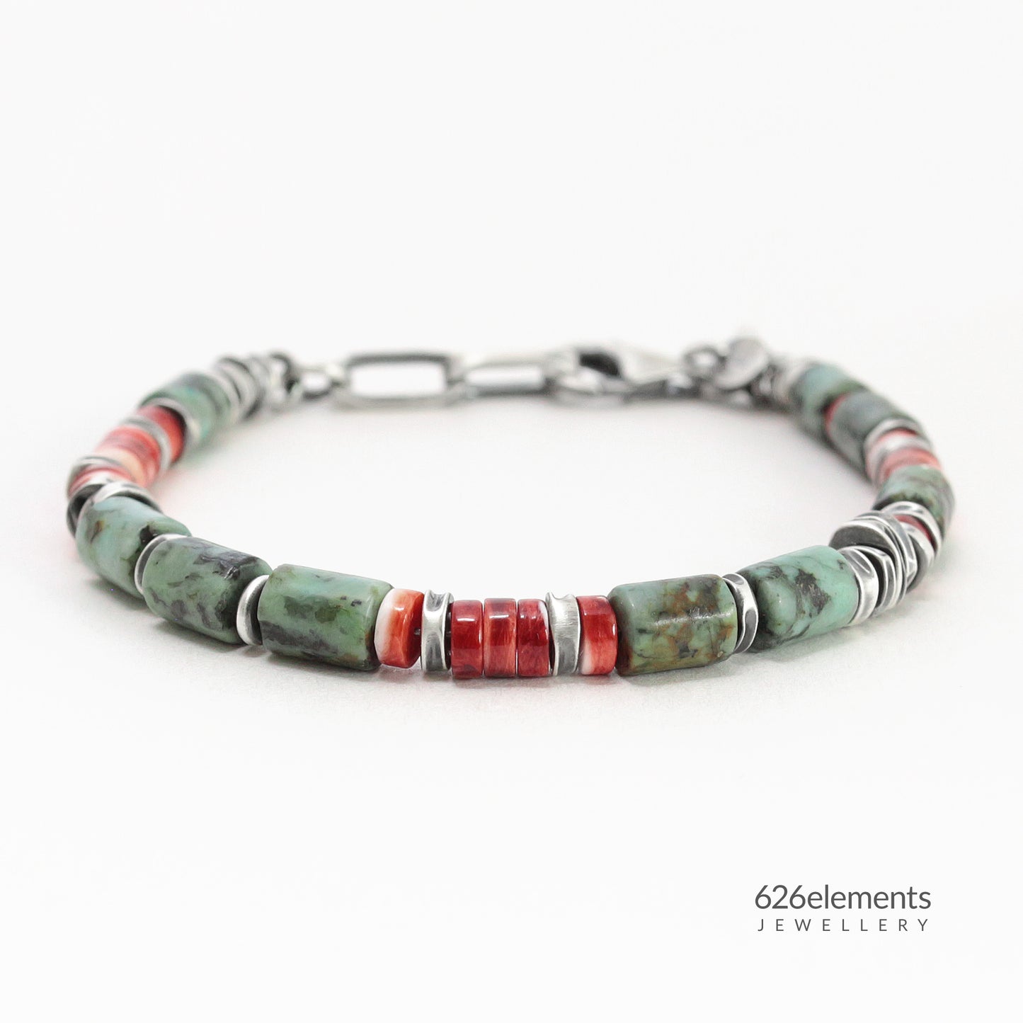 African Turquoise, Spiny Oyster & Oxidised Sterling Silver Men's Bracelet