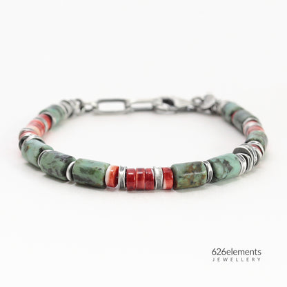 African Turquoise, Spiny Oyster & Oxidised Sterling Silver Men's Bracelet