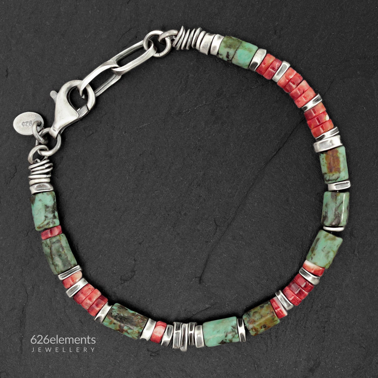 African Turquoise, Spiny Oyster & Oxidised Sterling Silver Men's Bracelet