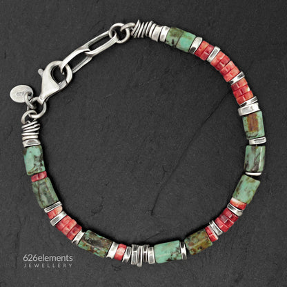 African Turquoise, Spiny Oyster & Oxidised Sterling Silver Men's Bracelet